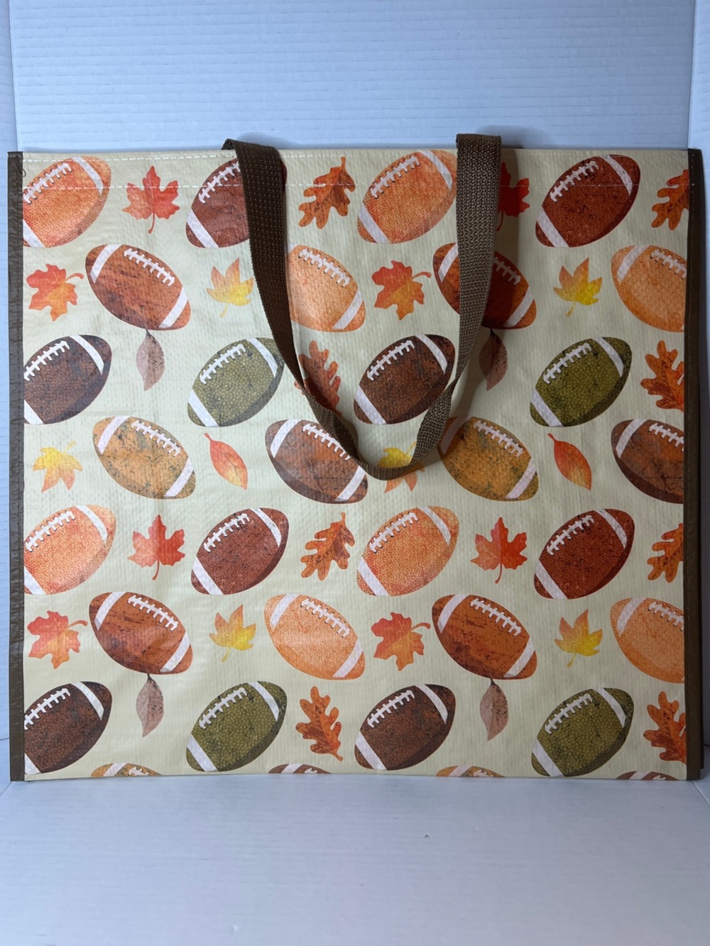 Autumn Leaves Football Print Brown Reusable Tote Bag New